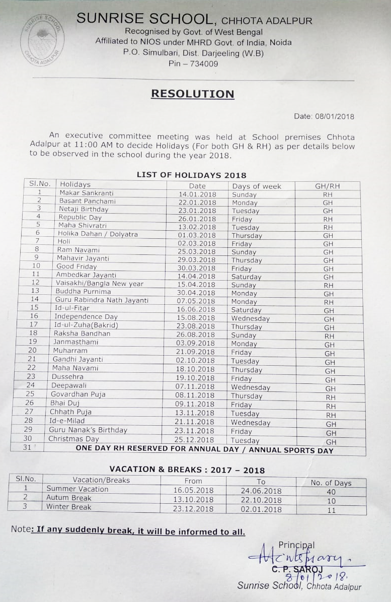 Holiday List 2017- Sunrise School Chota Adalpur, Siliguri